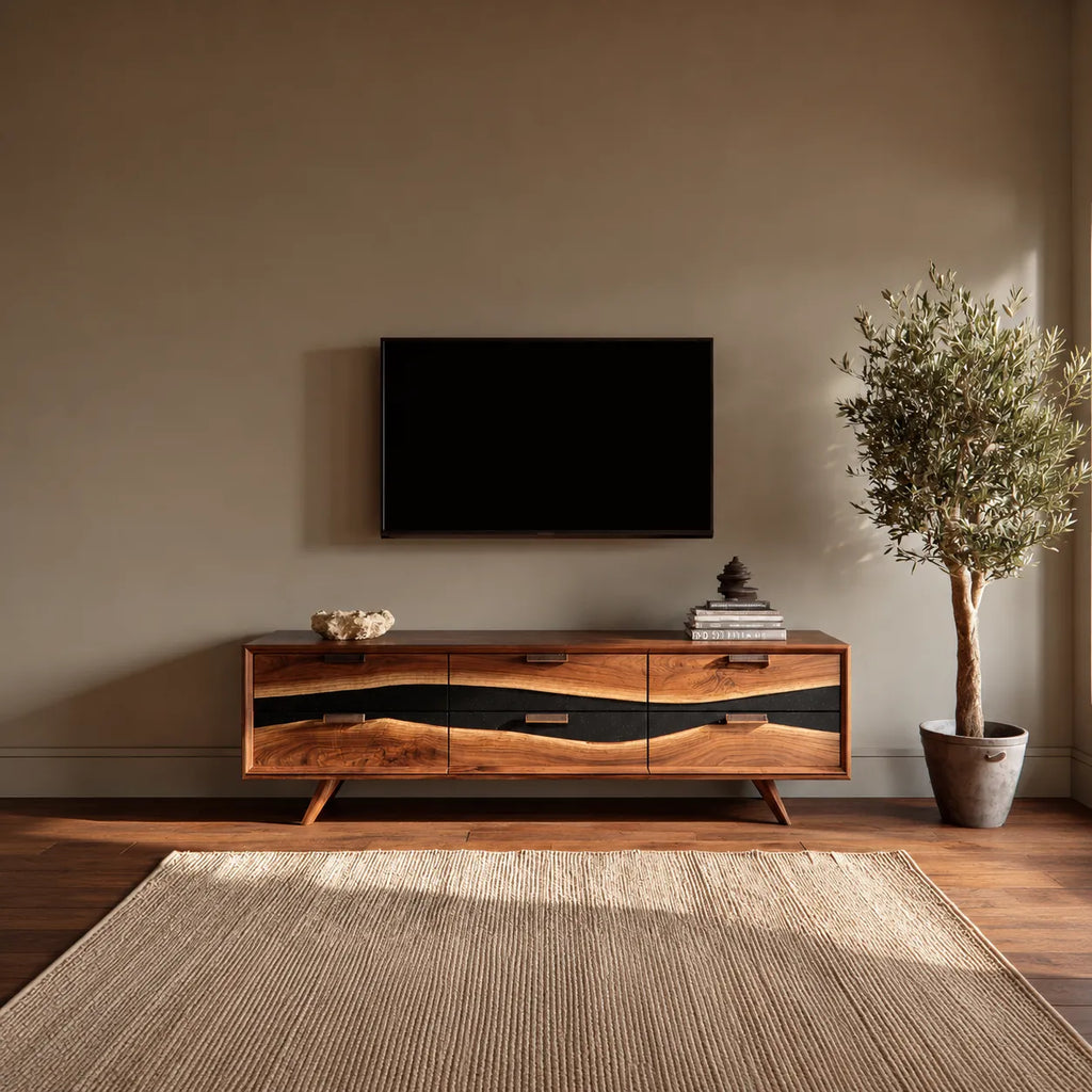 Wave Front Natural Solid Wood TV Stand with Six Drawer Storage