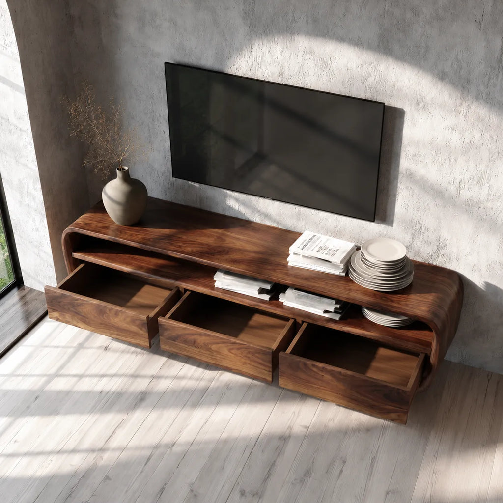 Curved Natural Solid Wood TV Stand with Open Shelf and 3 Drawers