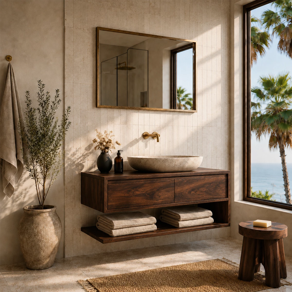 Floating Solid Wood Bathroom Vanity With Vessel Sink & Open Towel Shelf
