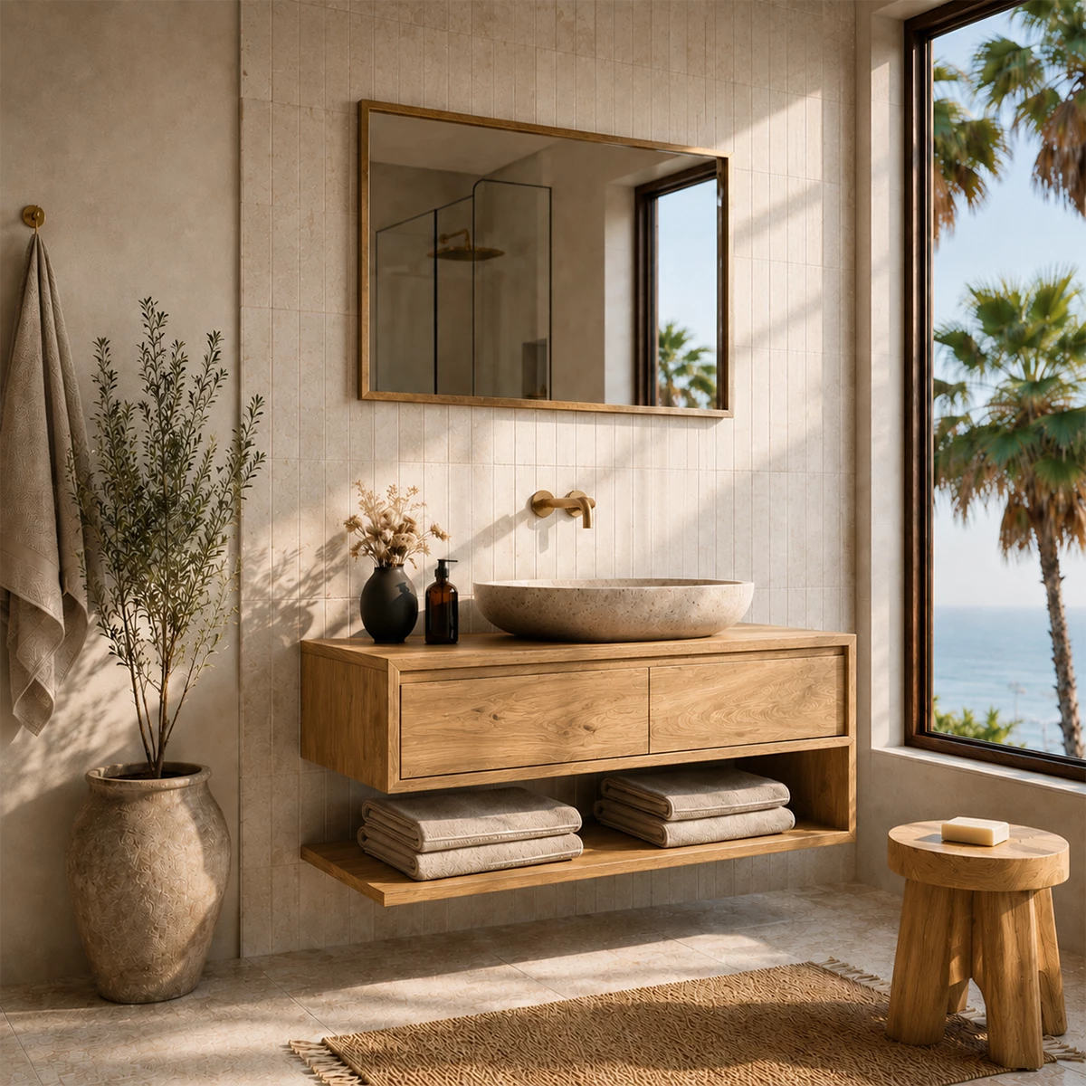 Floating Solid Wood Bathroom Vanity With Vessel Sink & Open Towel Shelf