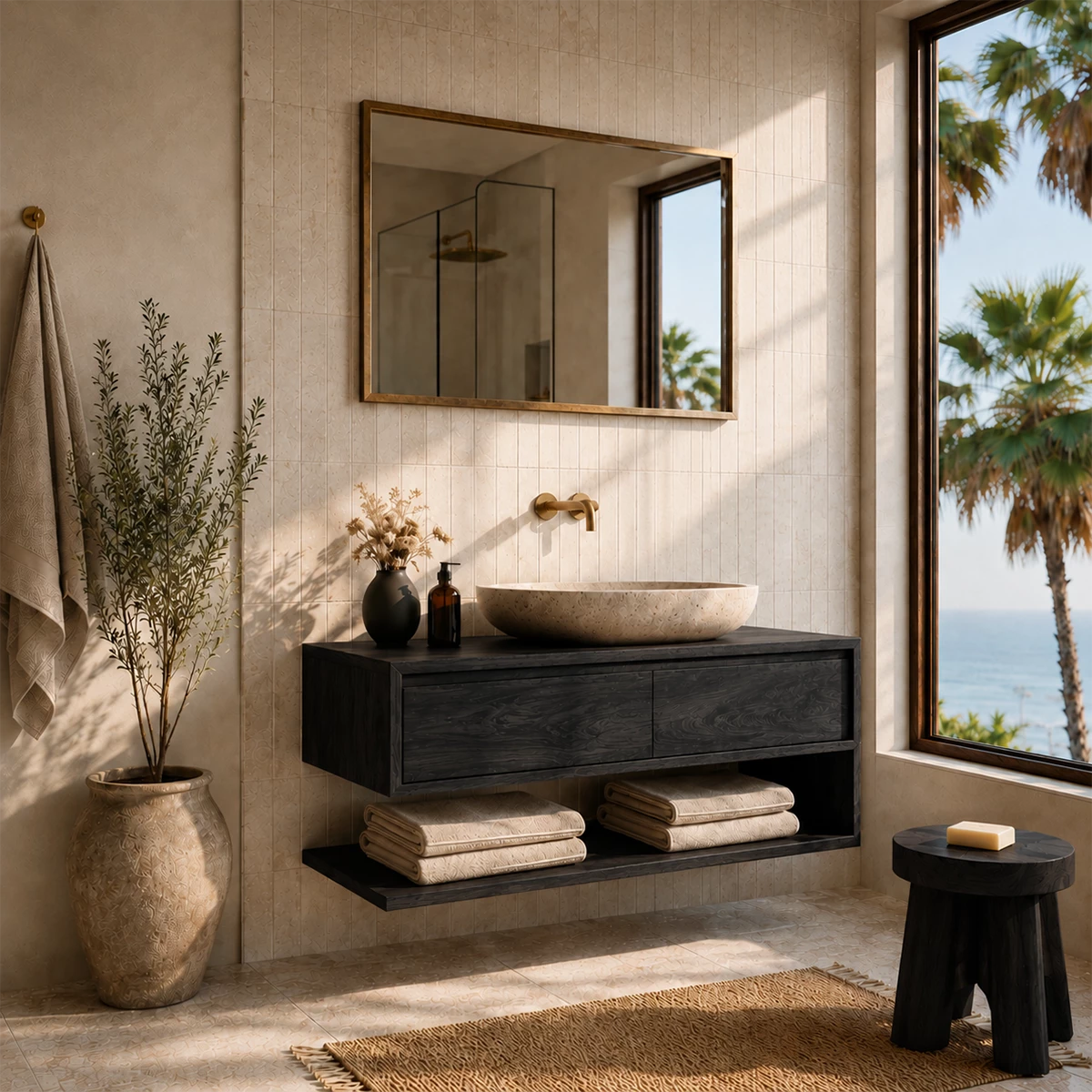 Floating Solid Wood Bathroom Vanity With Vessel Sink & Open Towel Shelf