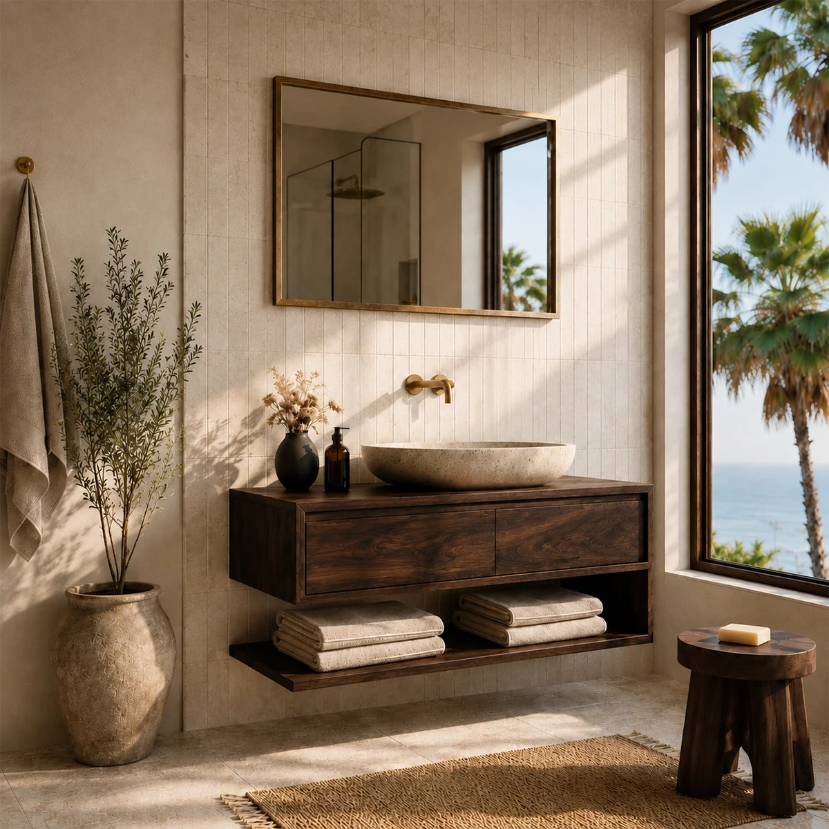 Floating Solid Wood Bathroom Vanity With Vessel Sink & Open Towel Shelf