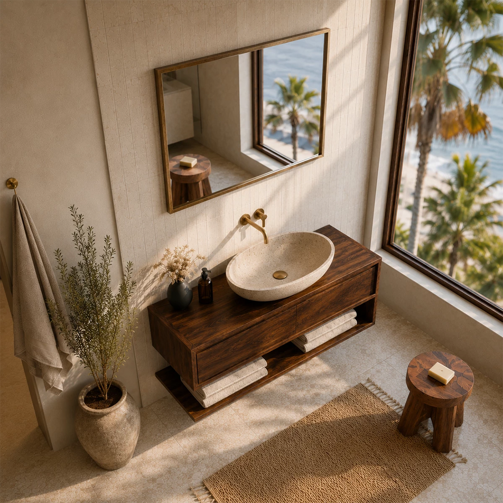 Floating Solid Wood Bathroom Vanity With Vessel Sink & Open Towel Shelf