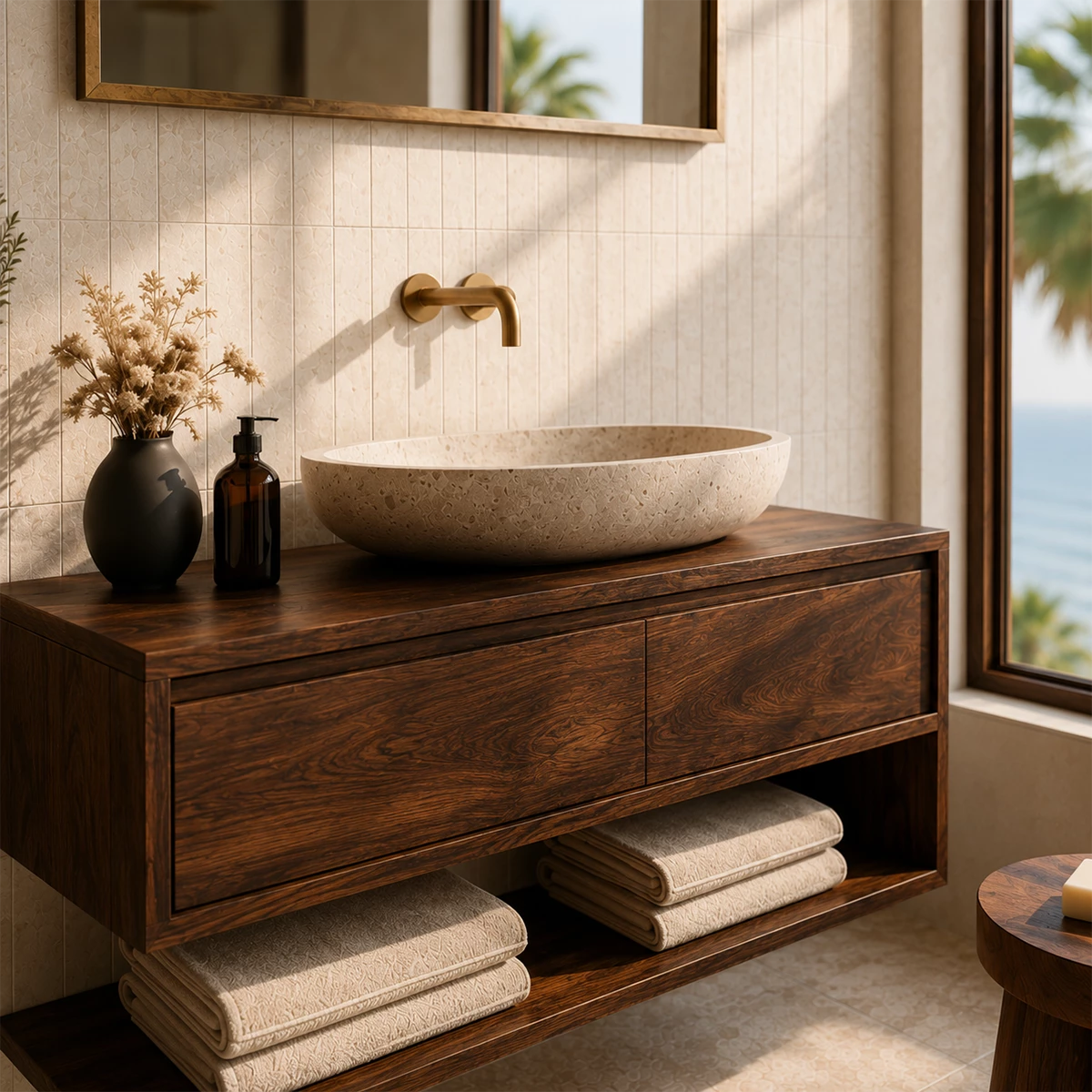 Floating Solid Wood Bathroom Vanity With Vessel Sink & Open Towel Shelf
