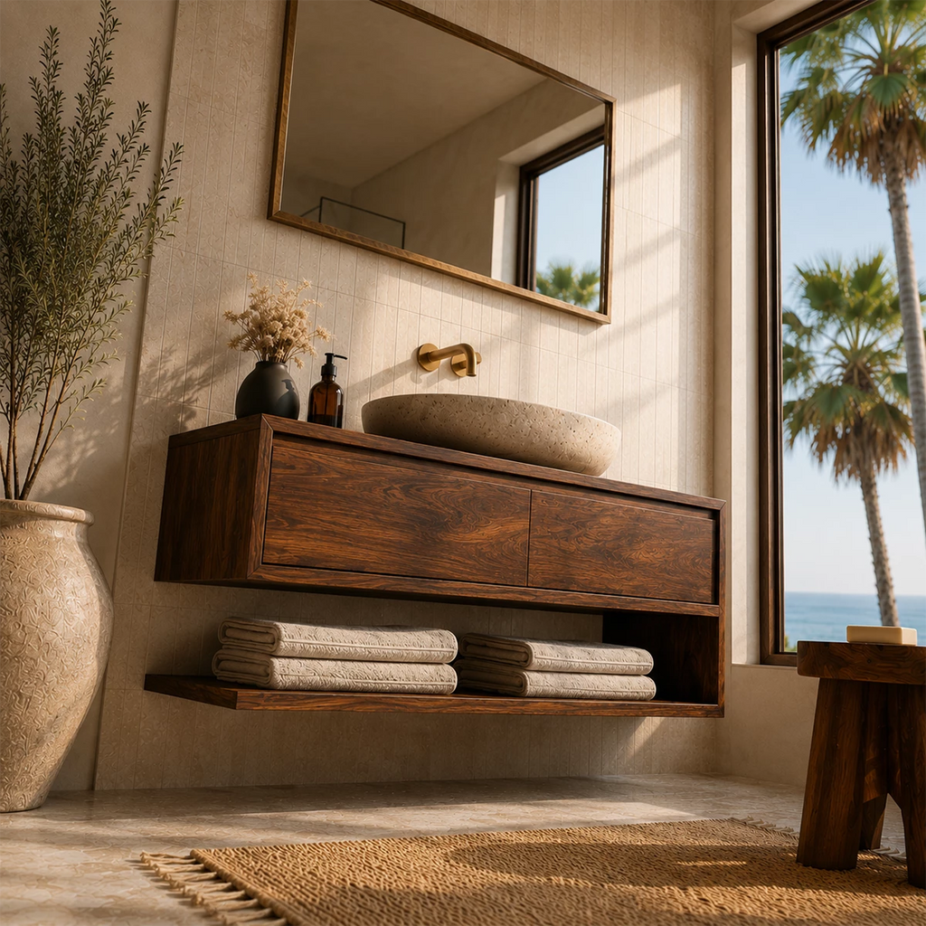 Floating Solid Wood Bathroom Vanity With Vessel Sink & Open Towel Shelf