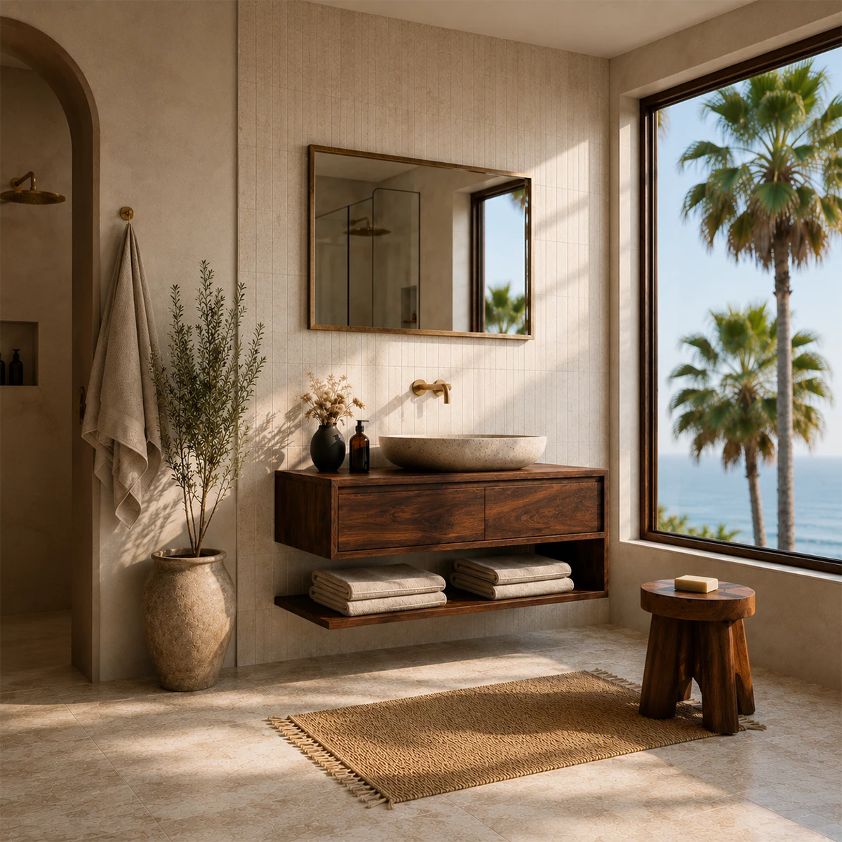Floating Solid Wood Bathroom Vanity With Vessel Sink & Open Towel Shelf