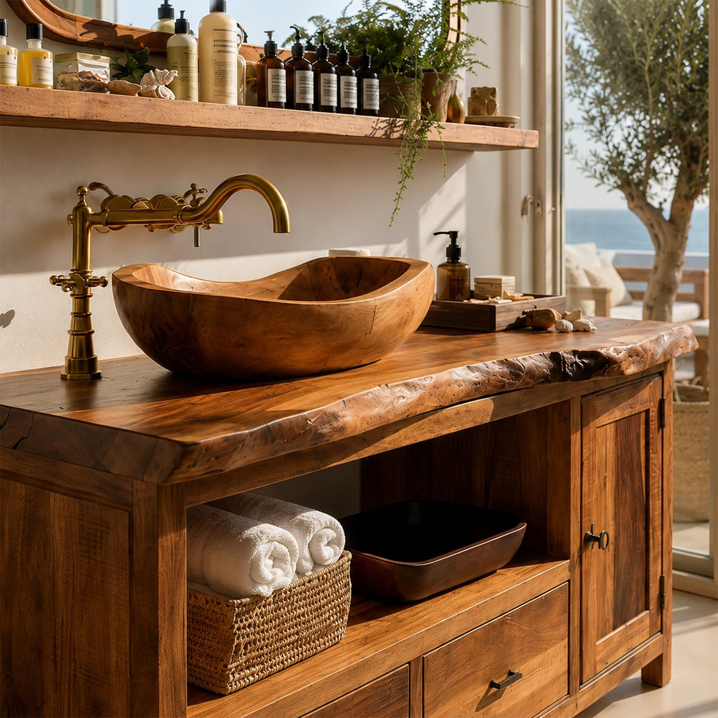 Rustic Solid Wood Bathroom Vanity With Vessel Sink & Open Storage