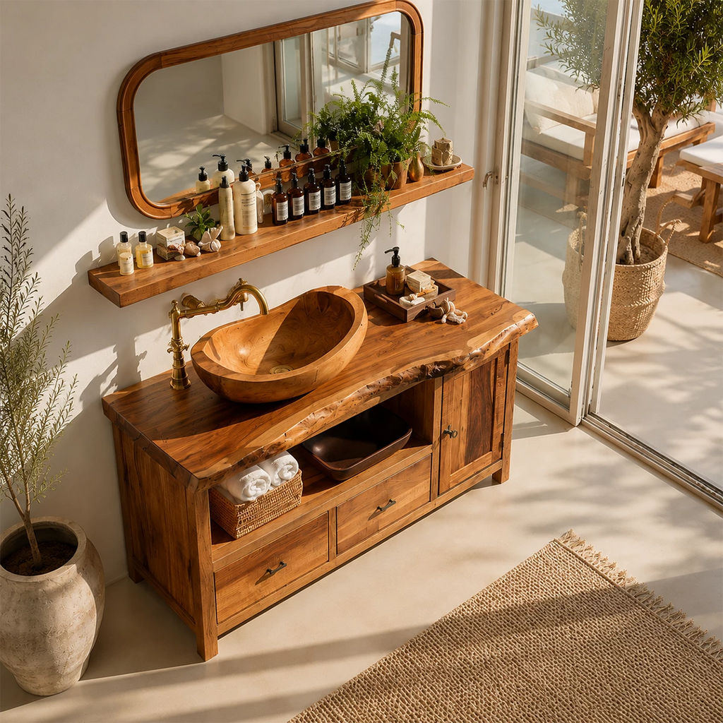 Rustic Solid Wood Bathroom Vanity With Vessel Sink & Open Storage