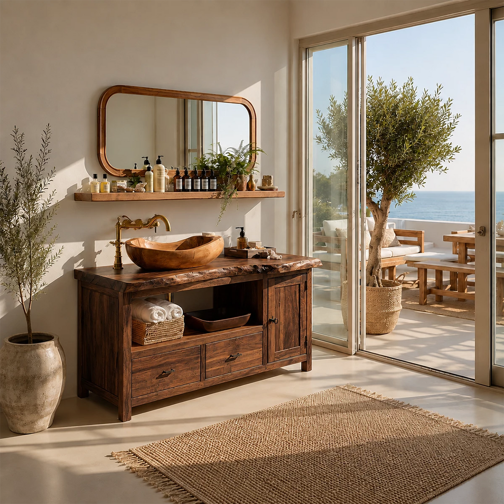 Rustic Solid Wood Bathroom Vanity With Vessel Sink & Open Storage