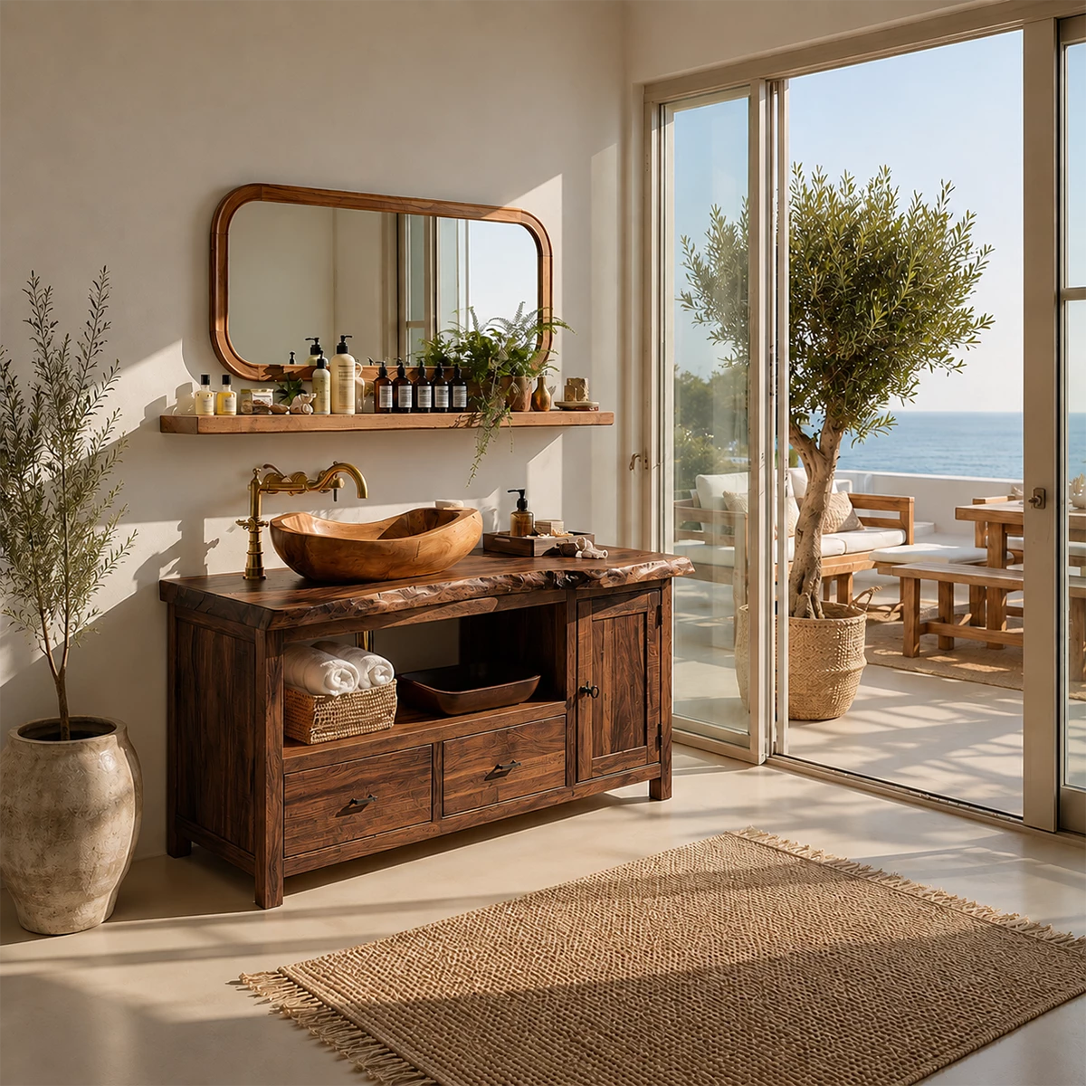 Rustic Solid Wood Bathroom Vanity With Vessel Sink & Open Storage