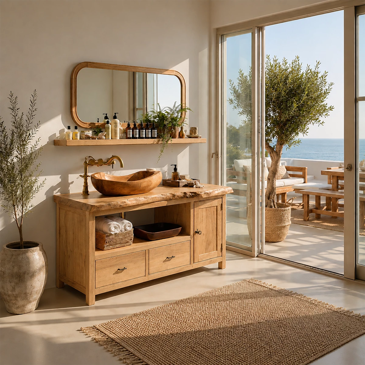 Rustic Solid Wood Bathroom Vanity With Vessel Sink & Open Storage