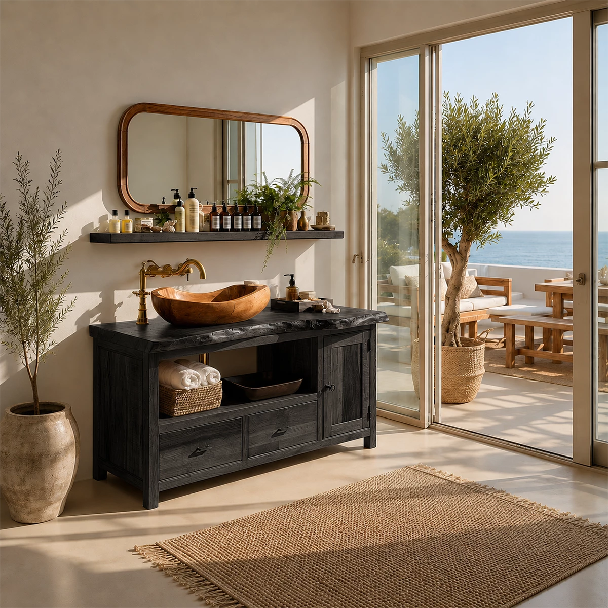 Rustic Solid Wood Bathroom Vanity With Vessel Sink & Open Storage