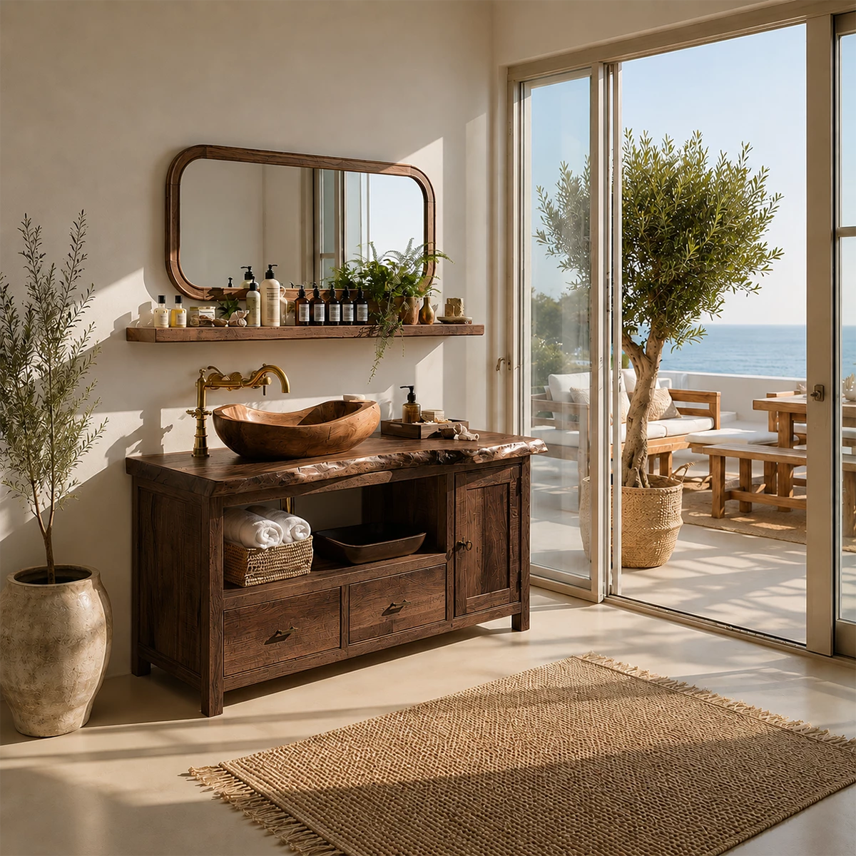 Rustic Solid Wood Bathroom Vanity With Vessel Sink & Open Storage