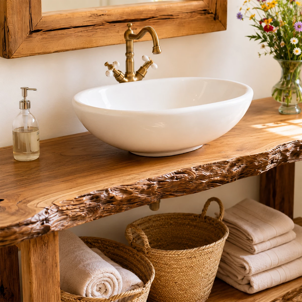 Rustic Live Edge Bathroom Vanity With Vessel Sink & Open Storage Shelf