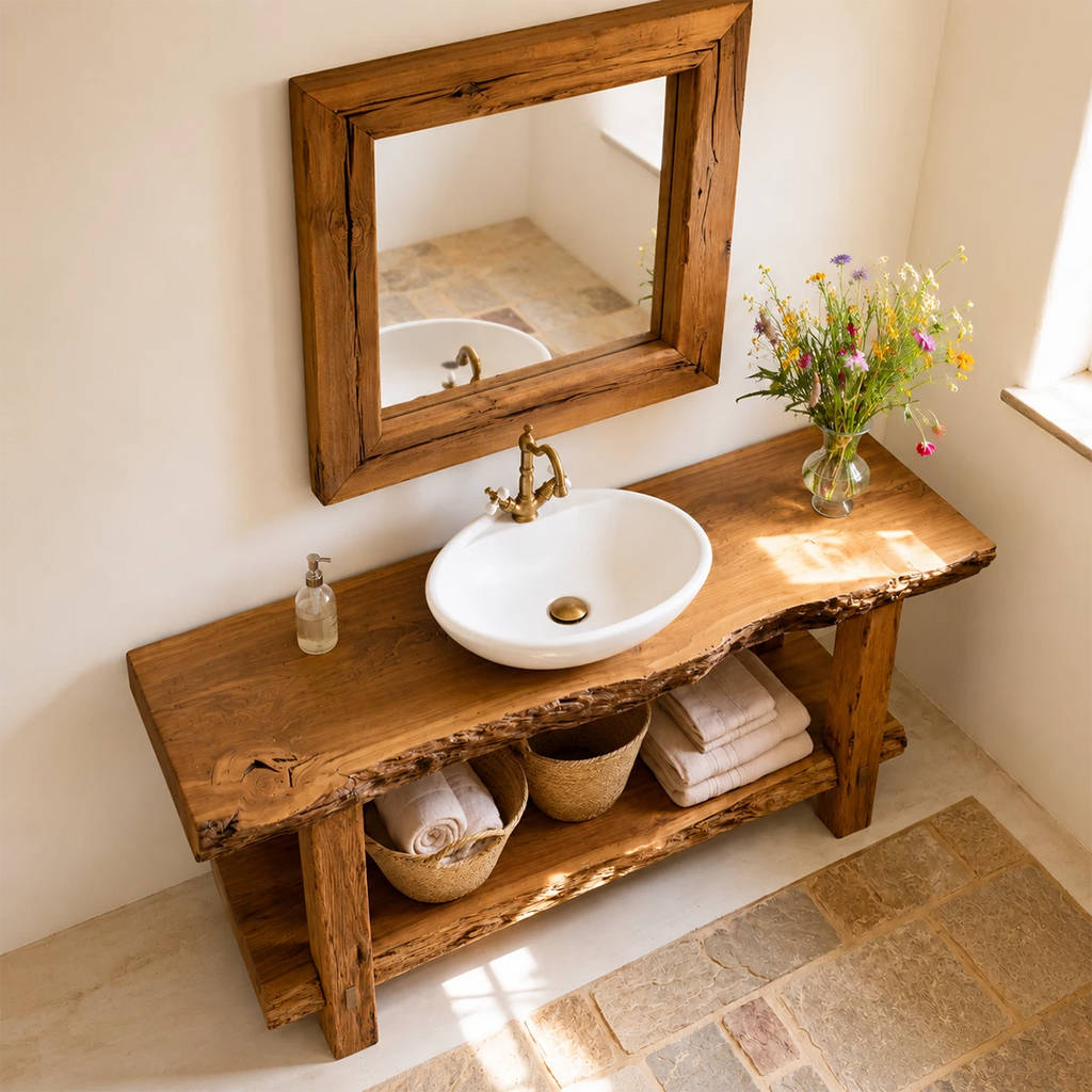 Rustic Live Edge Bathroom Vanity With Vessel Sink & Open Storage Shelf