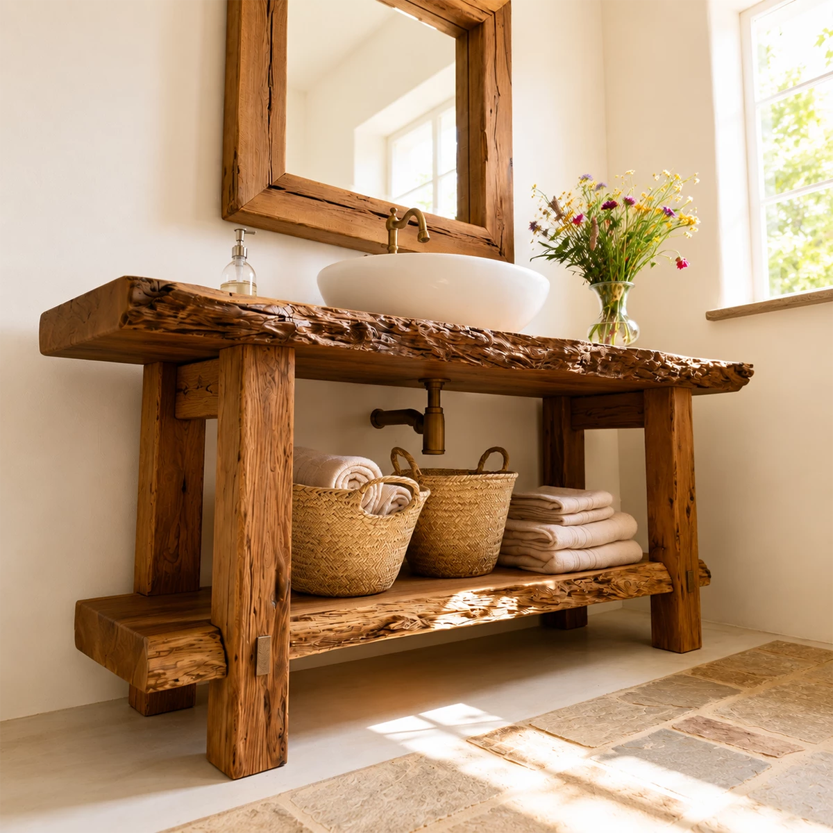 Rustic Live Edge Bathroom Vanity With Vessel Sink & Open Storage Shelf
