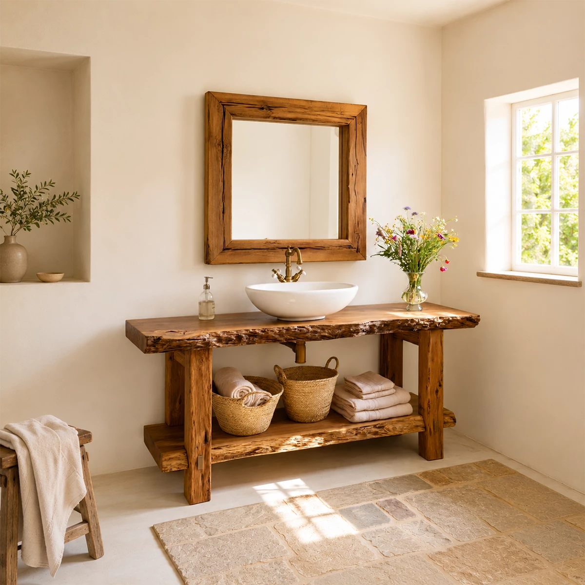Rustic Live Edge Bathroom Vanity With Vessel Sink & Open Storage Shelf