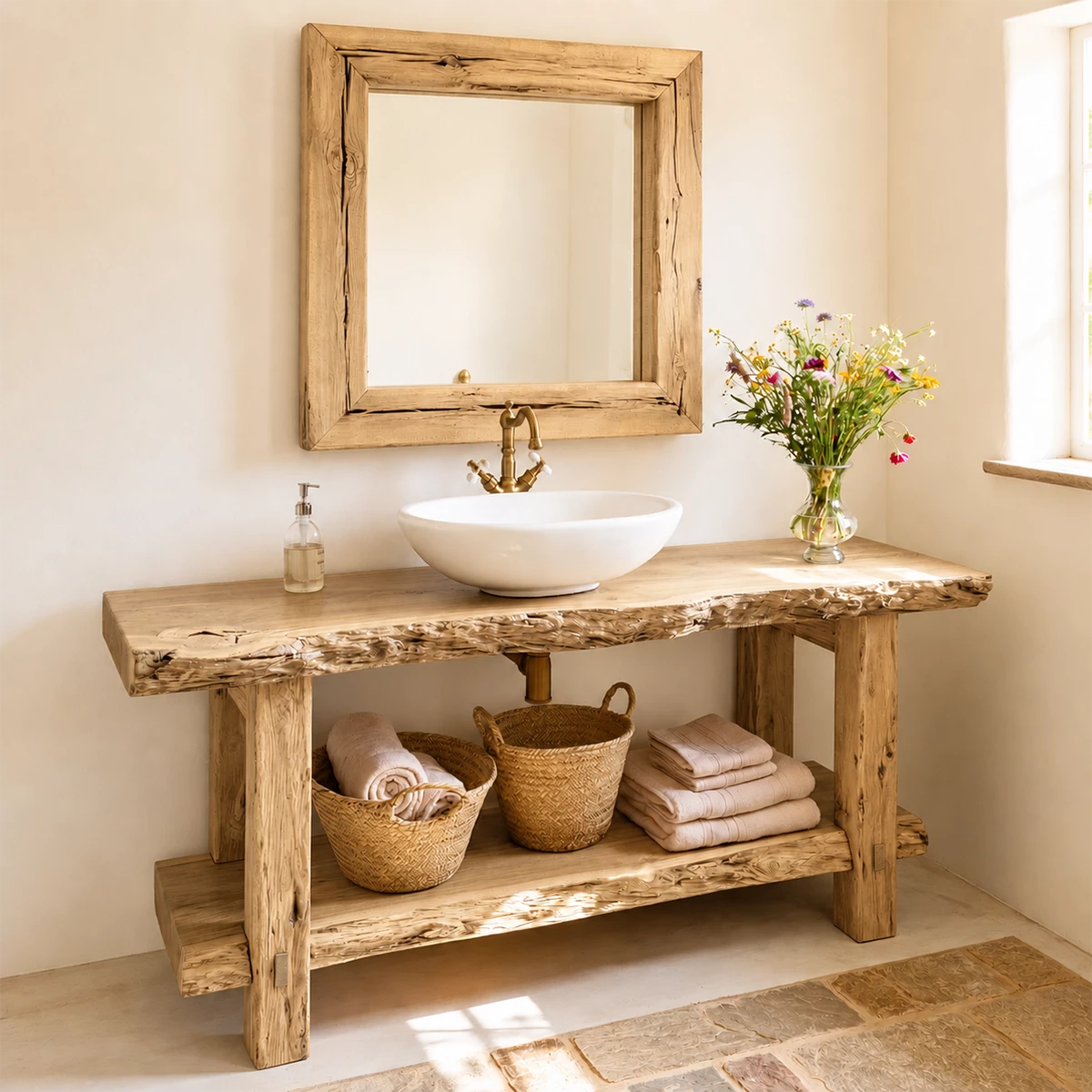 Rustic Live Edge Bathroom Vanity With Vessel Sink & Open Storage Shelf