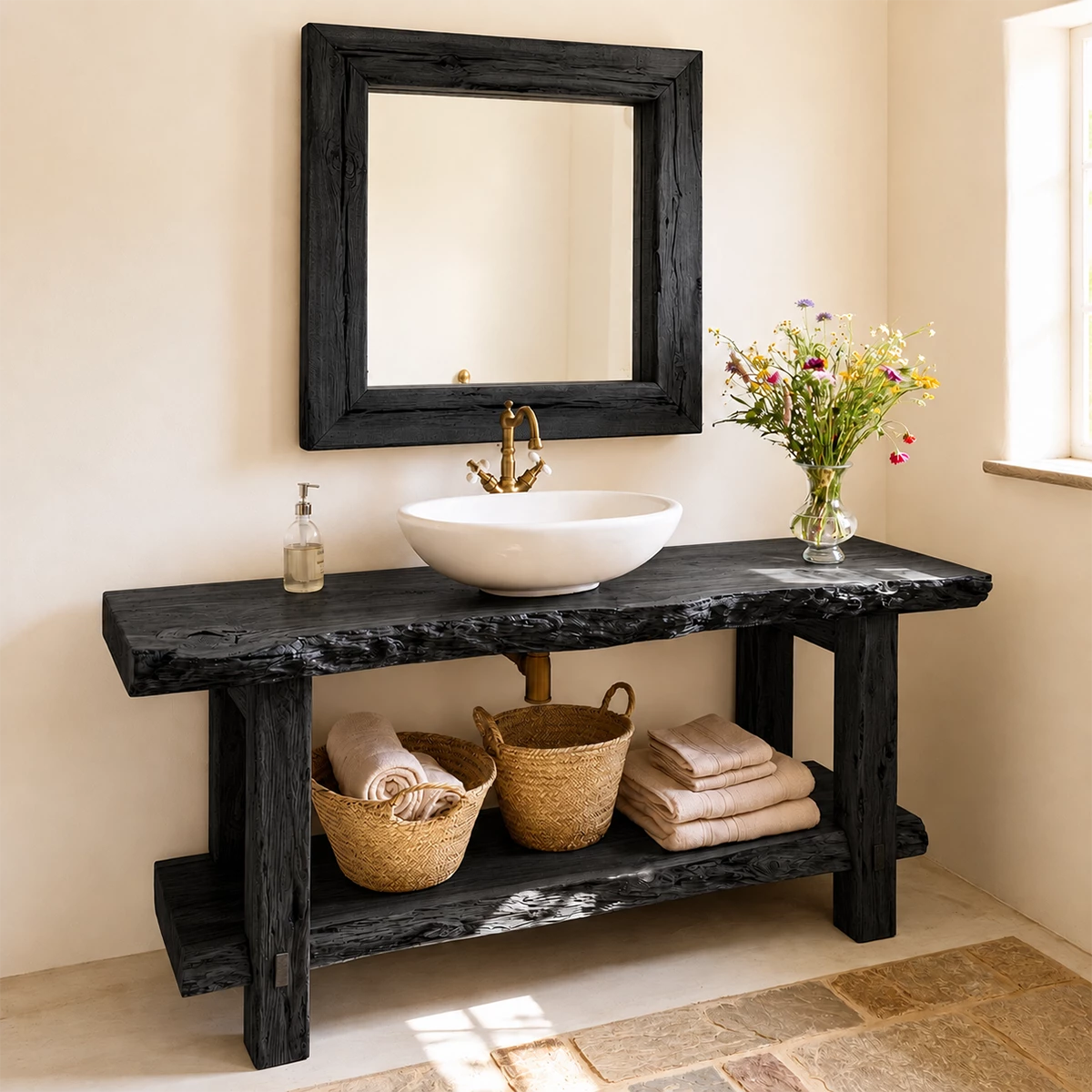 Rustic Live Edge Bathroom Vanity With Vessel Sink & Open Storage Shelf