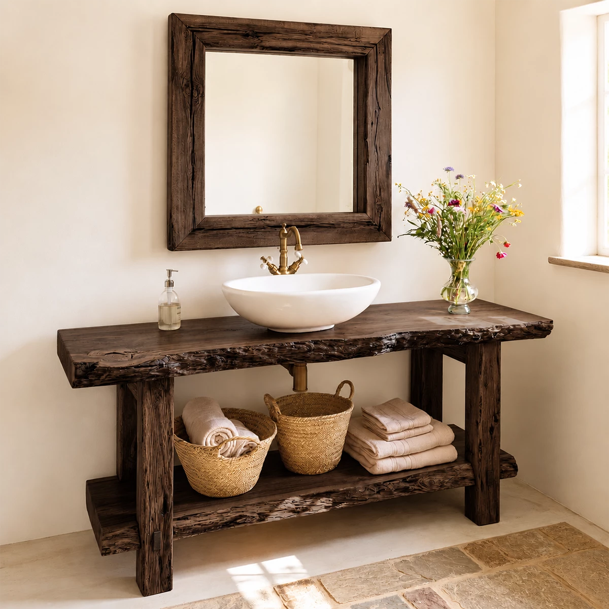 Rustic Live Edge Bathroom Vanity With Vessel Sink & Open Storage Shelf