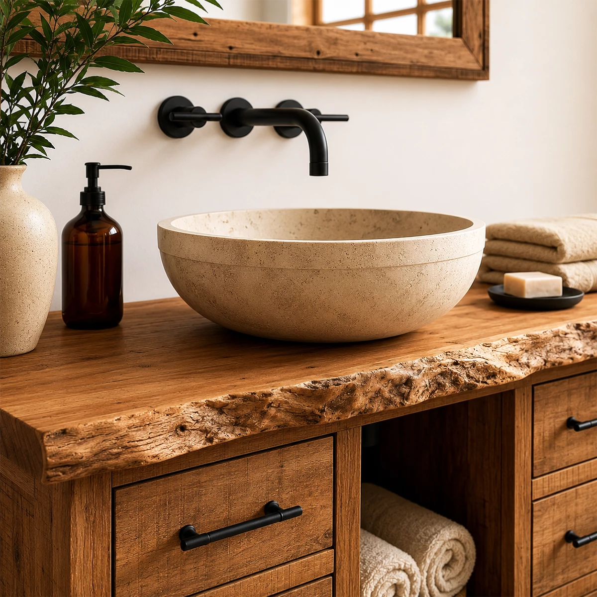 Rustic Solid Wood Bathroom Vanity With Live Edge Top & 6 Drawers