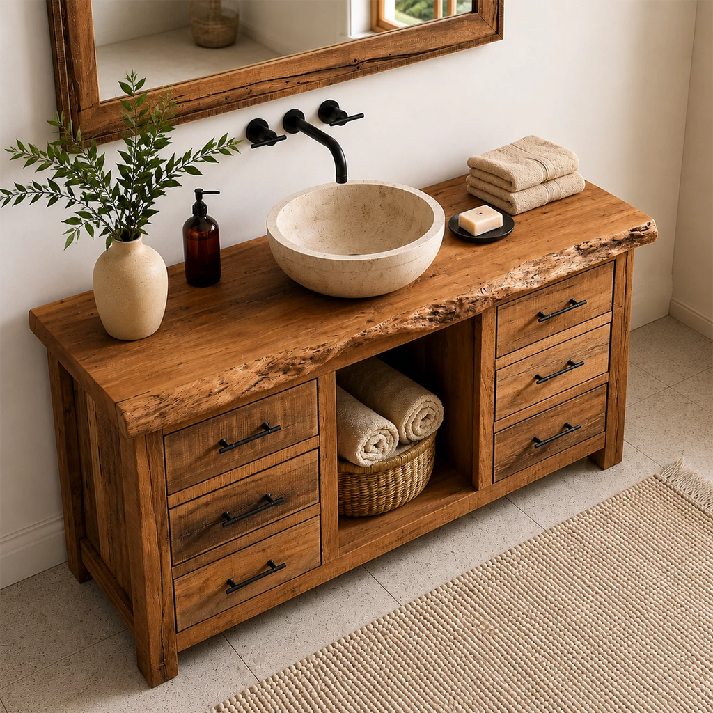 Rustic Solid Wood Bathroom Vanity With Live Edge Top & 6 Drawers