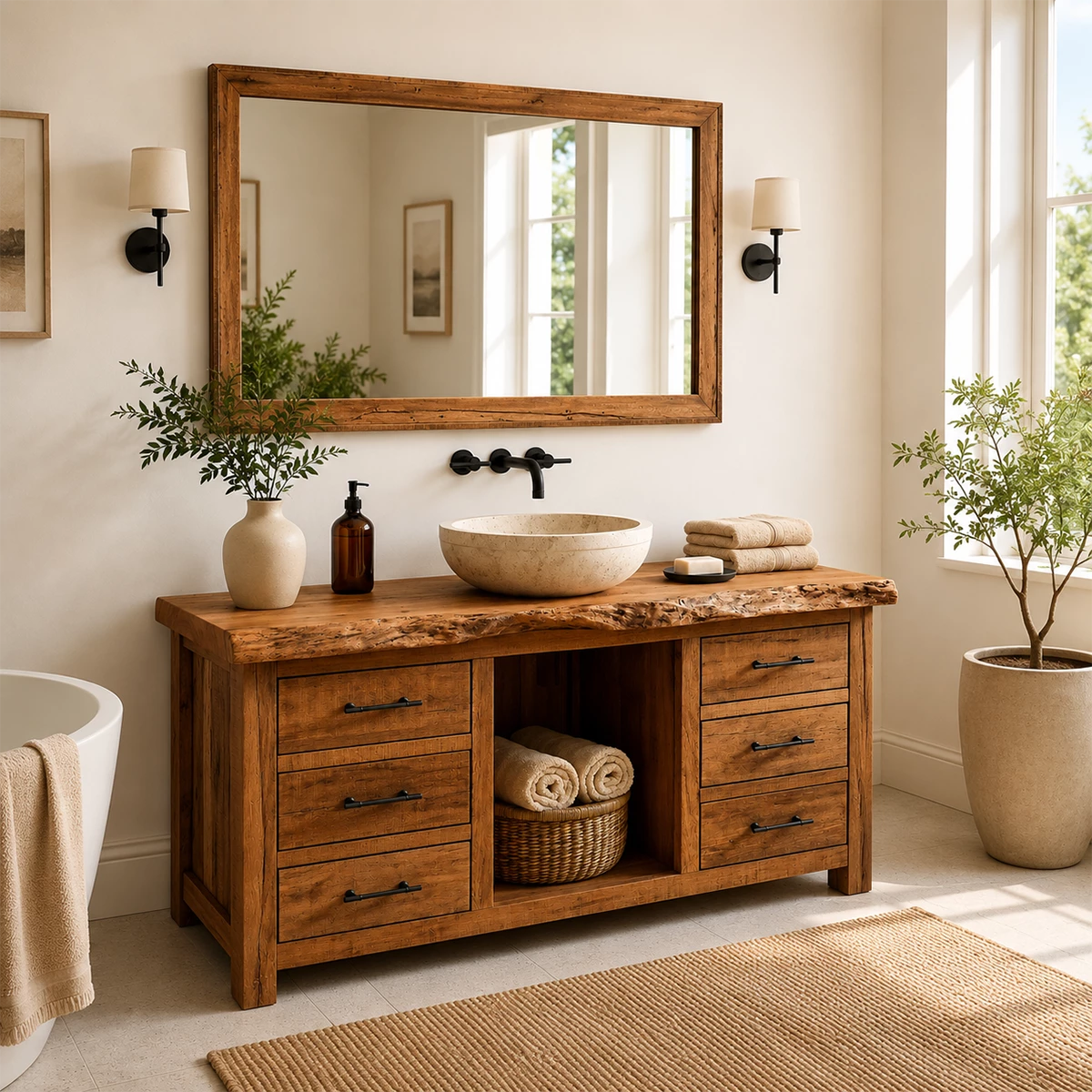 Rustic Solid Wood Bathroom Vanity With Live Edge Top & 6 Drawers