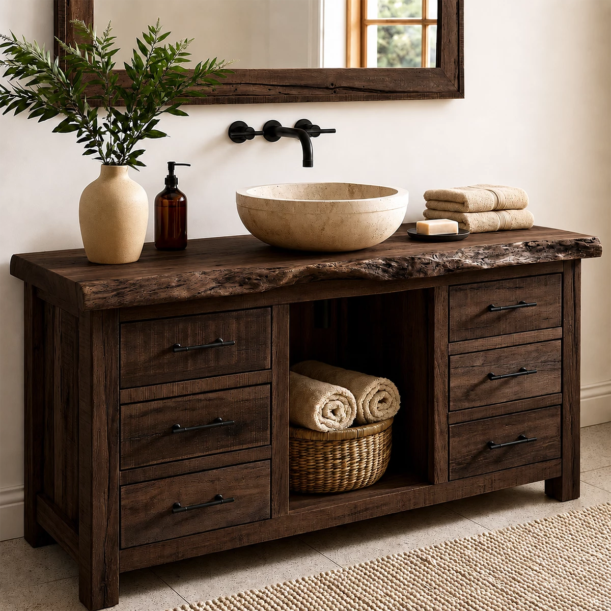 Rustic Solid Wood Bathroom Vanity With Live Edge Top & 6 Drawers