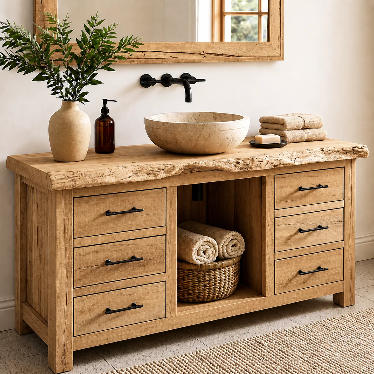Rustic Solid Wood Bathroom Vanity With Live Edge Top & 6 Drawers