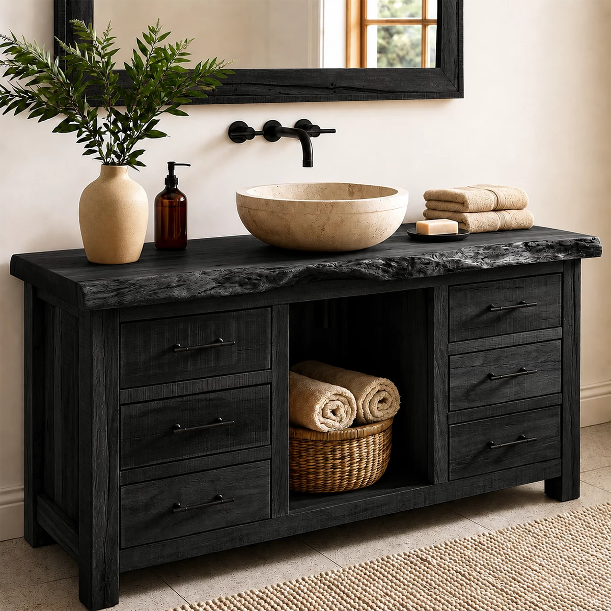 Rustic Solid Wood Bathroom Vanity With Live Edge Top & 6 Drawers