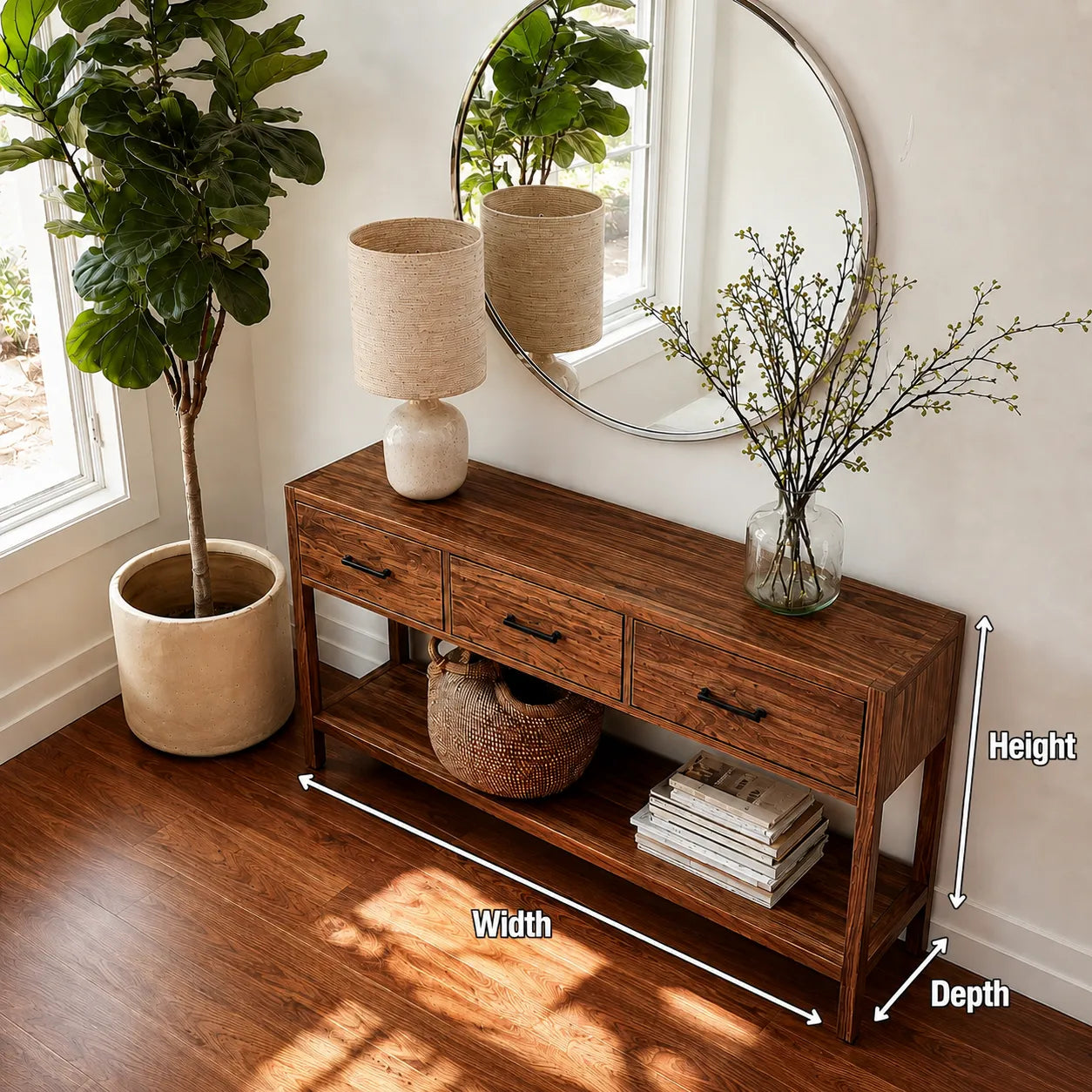 Natural Solid Wood Console Table with 3 Drawers and Open Shelf