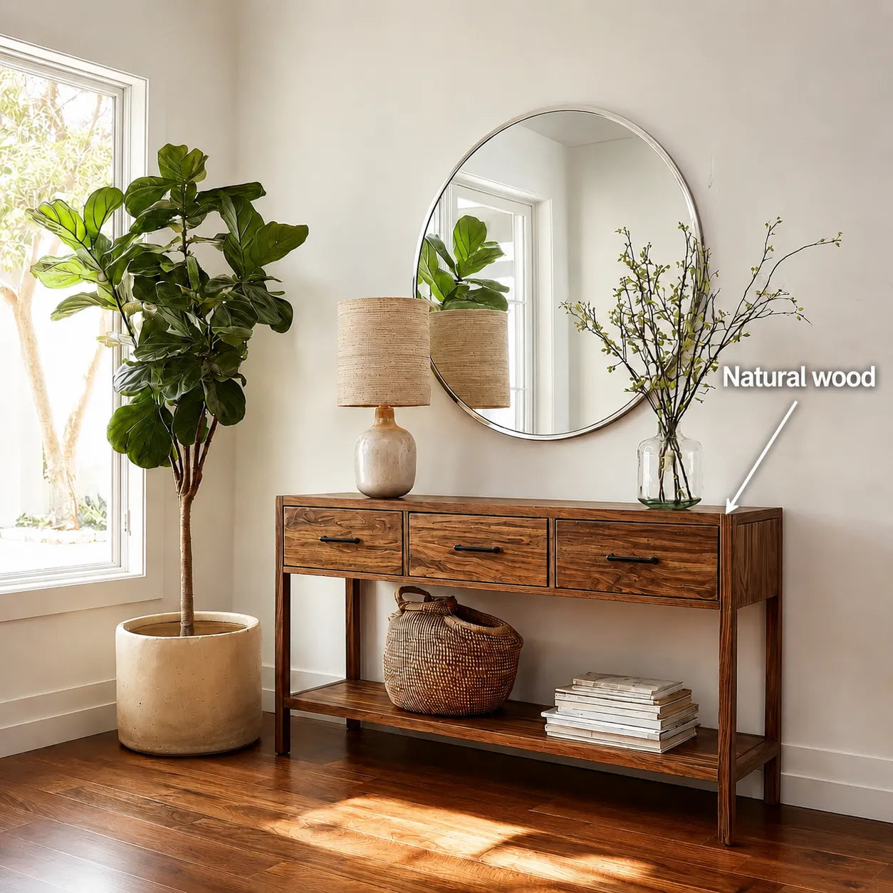 Natural Solid Wood Console Table with 3 Drawers and Open Shelf