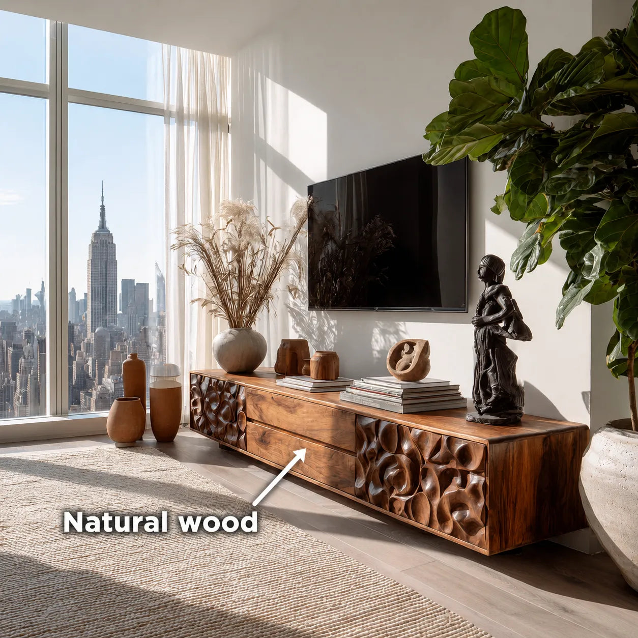 Carved Natural Solid Wood TV Stand with Sculptural Drawer Fronts