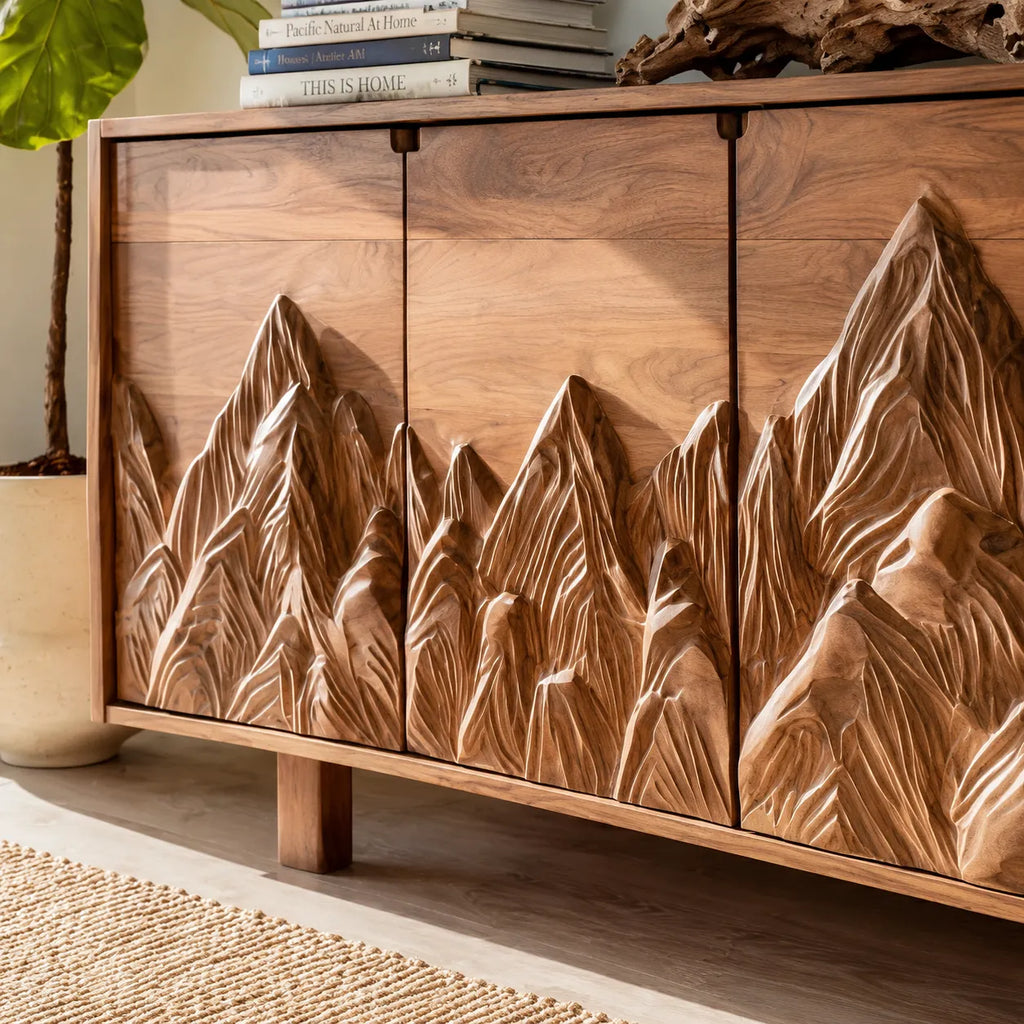 Mountain Carved Natural Solid Wood TV Stand with Hidden Storage
