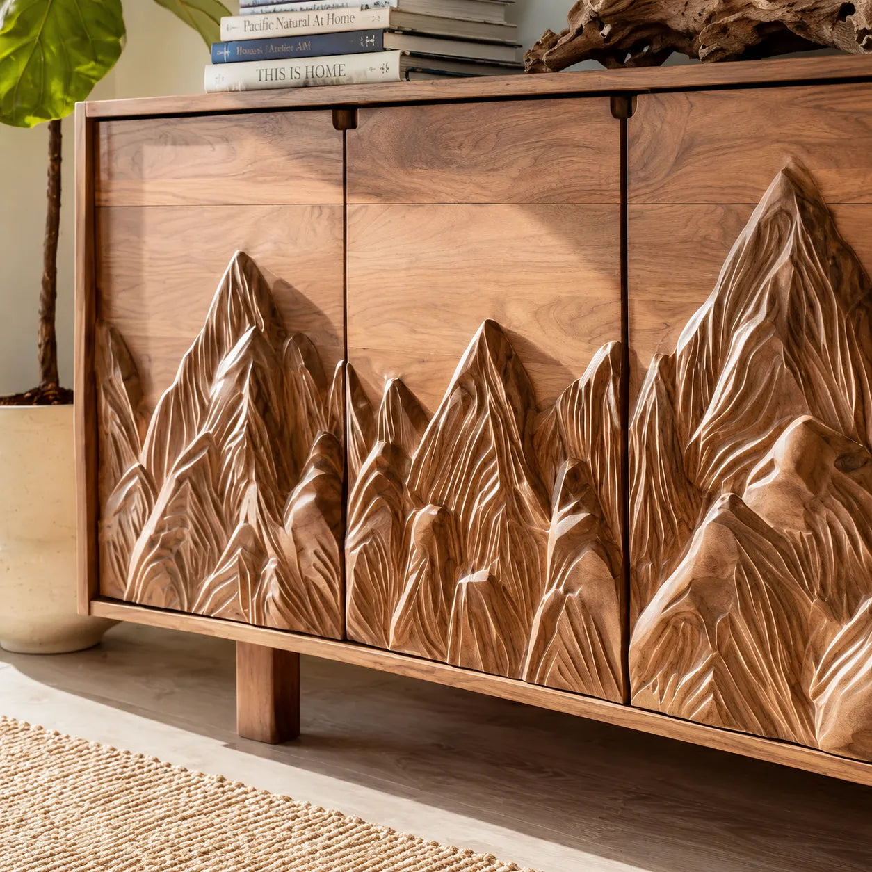 Mountain Carved Natural Solid Wood TV Stand with Hidden Storage