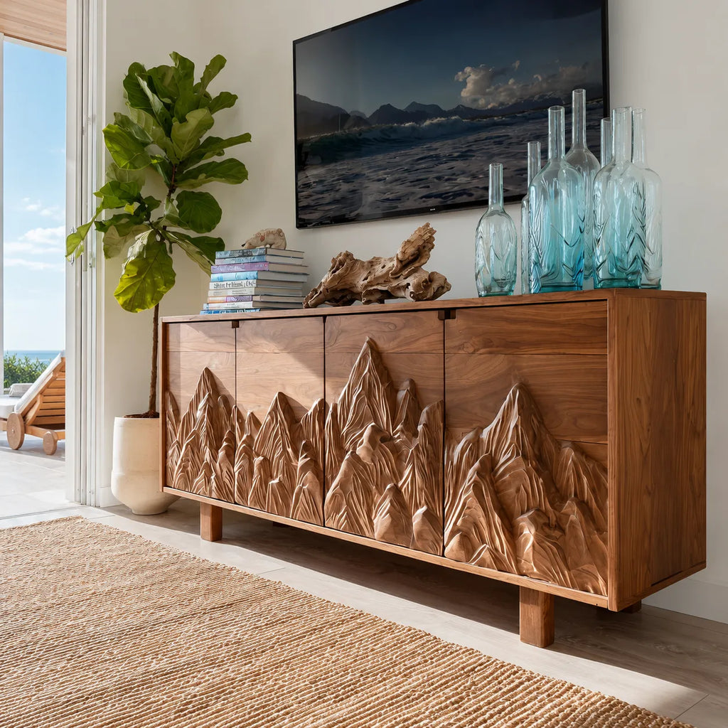 Mountain Carved Natural Solid Wood TV Stand with Hidden Storage