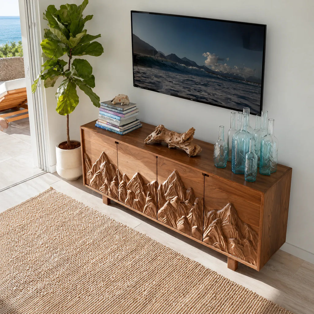 Mountain Carved Natural Solid Wood TV Stand with Hidden Storage