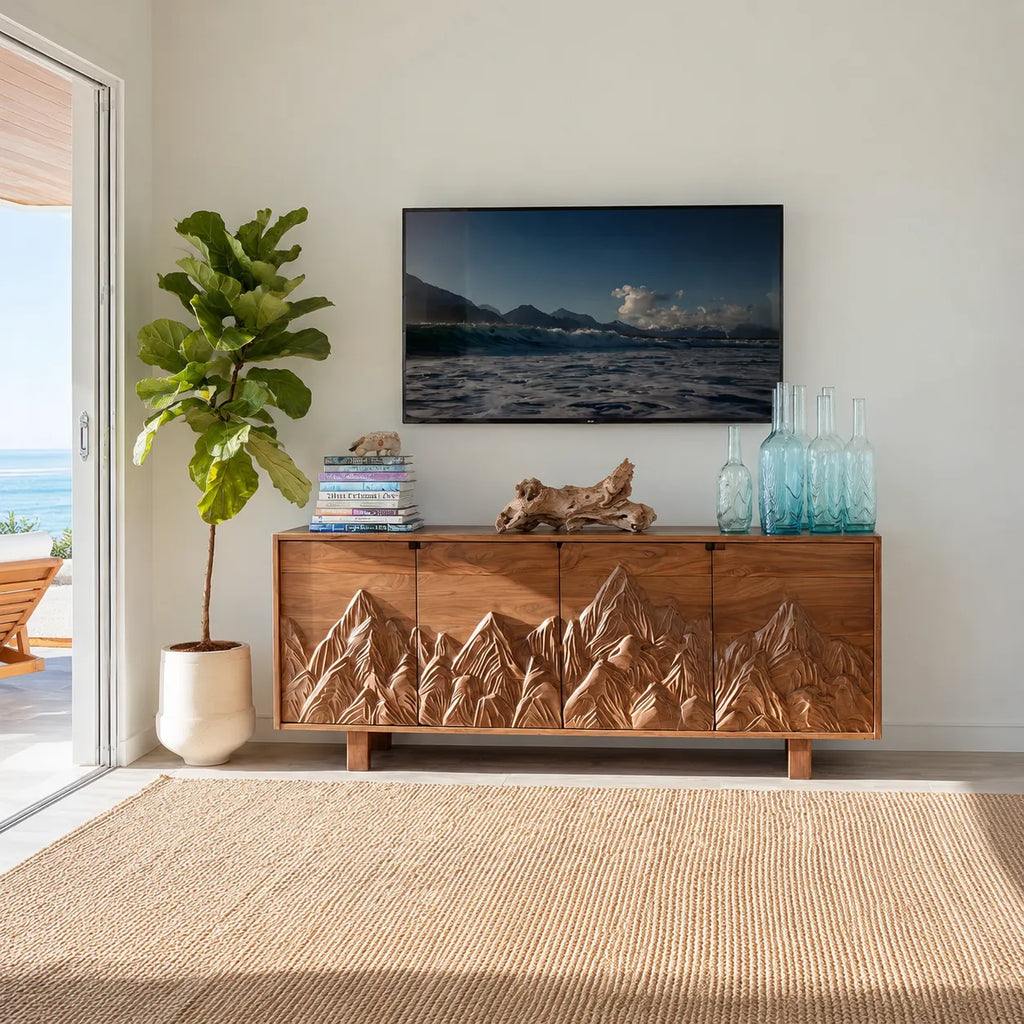 Mountain Carved Natural Solid Wood TV Stand with Hidden Storage