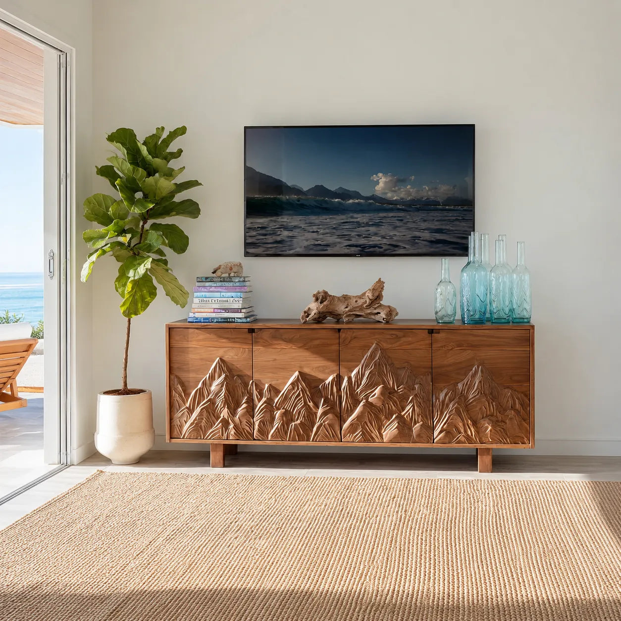 Mountain Carved Natural Solid Wood TV Stand with Hidden Storage