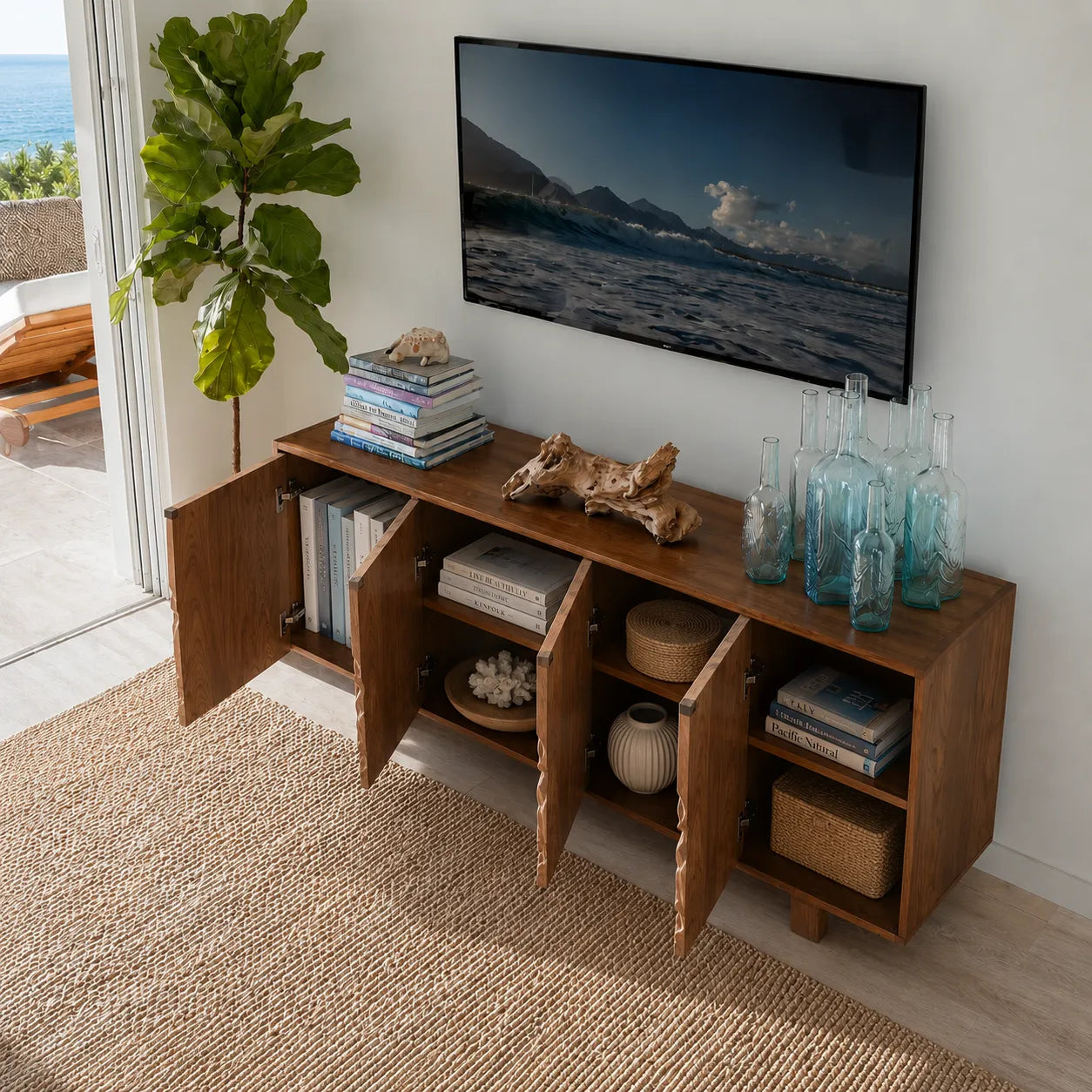 Mountain Carved Natural Solid Wood TV Stand with Hidden Storage