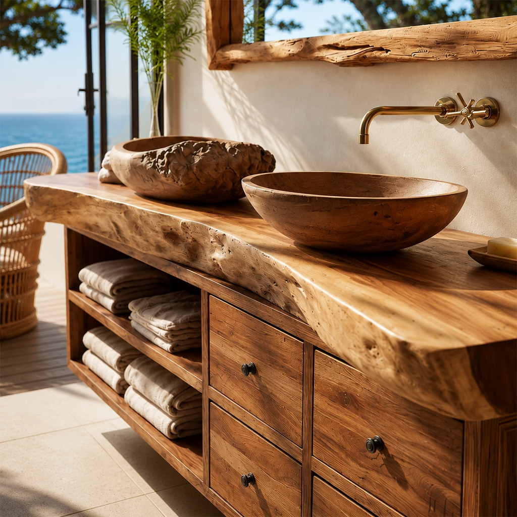 Live Edge Double Sink Bathroom Vanity With Solid Wood Storage & Mirror