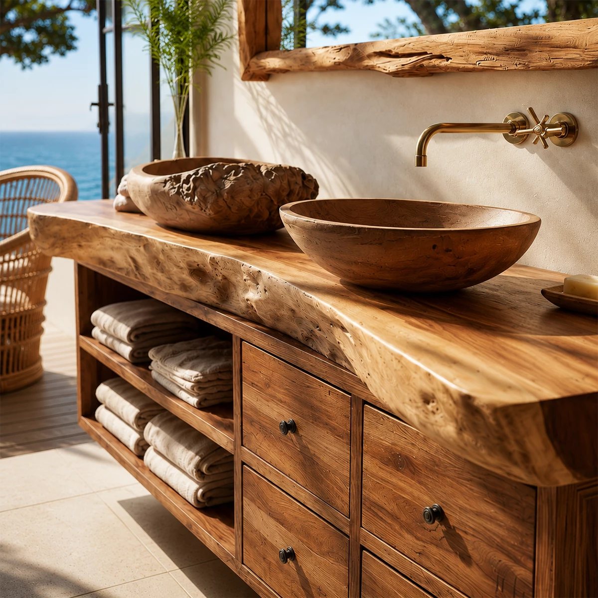 Live Edge Double Sink Bathroom Vanity With Solid Wood Storage & Mirror