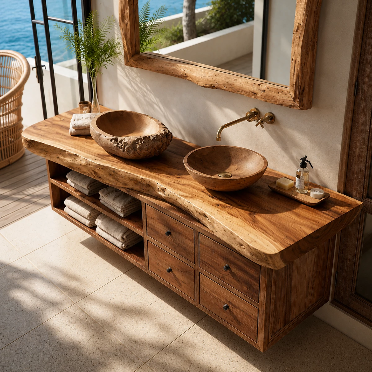 Live Edge Double Sink Bathroom Vanity With Solid Wood Storage & Mirror