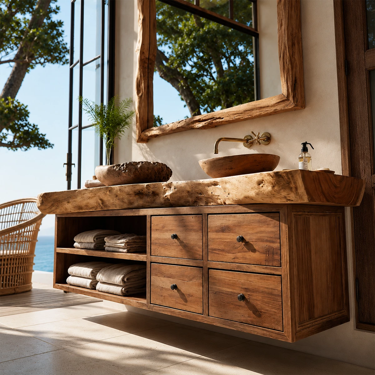 Live Edge Double Sink Bathroom Vanity With Solid Wood Storage & Mirror