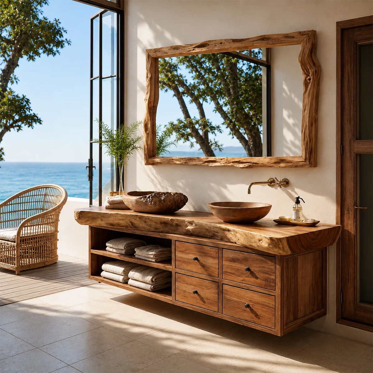 Live Edge Double Sink Bathroom Vanity With Solid Wood Storage & Mirror