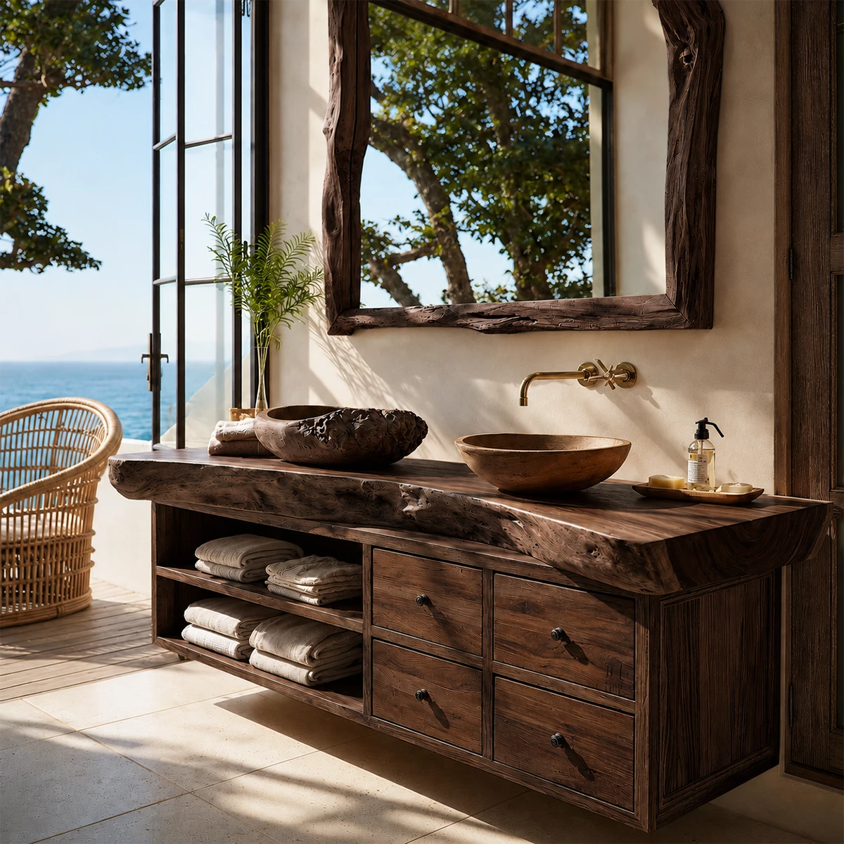 Live Edge Double Sink Bathroom Vanity With Solid Wood Storage & Mirror