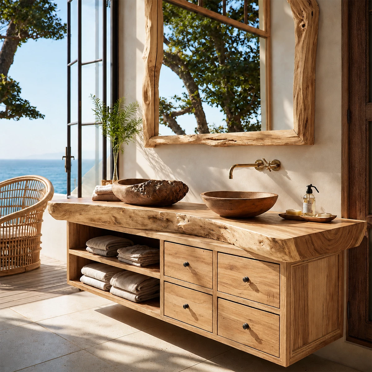 Live Edge Double Sink Bathroom Vanity With Solid Wood Storage & Mirror