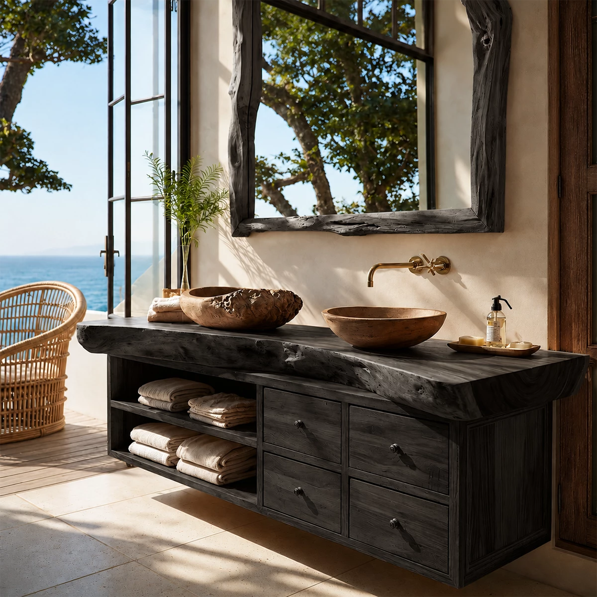 Live Edge Double Sink Bathroom Vanity With Solid Wood Storage & Mirror