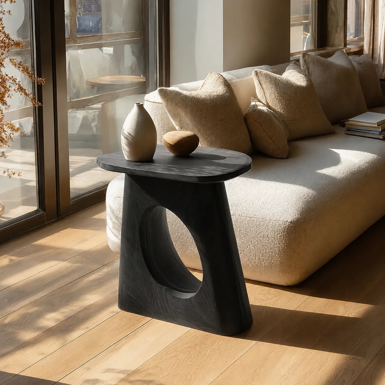 Natural Solid Wood Side Table with Sculptural Open Pedestal Base
