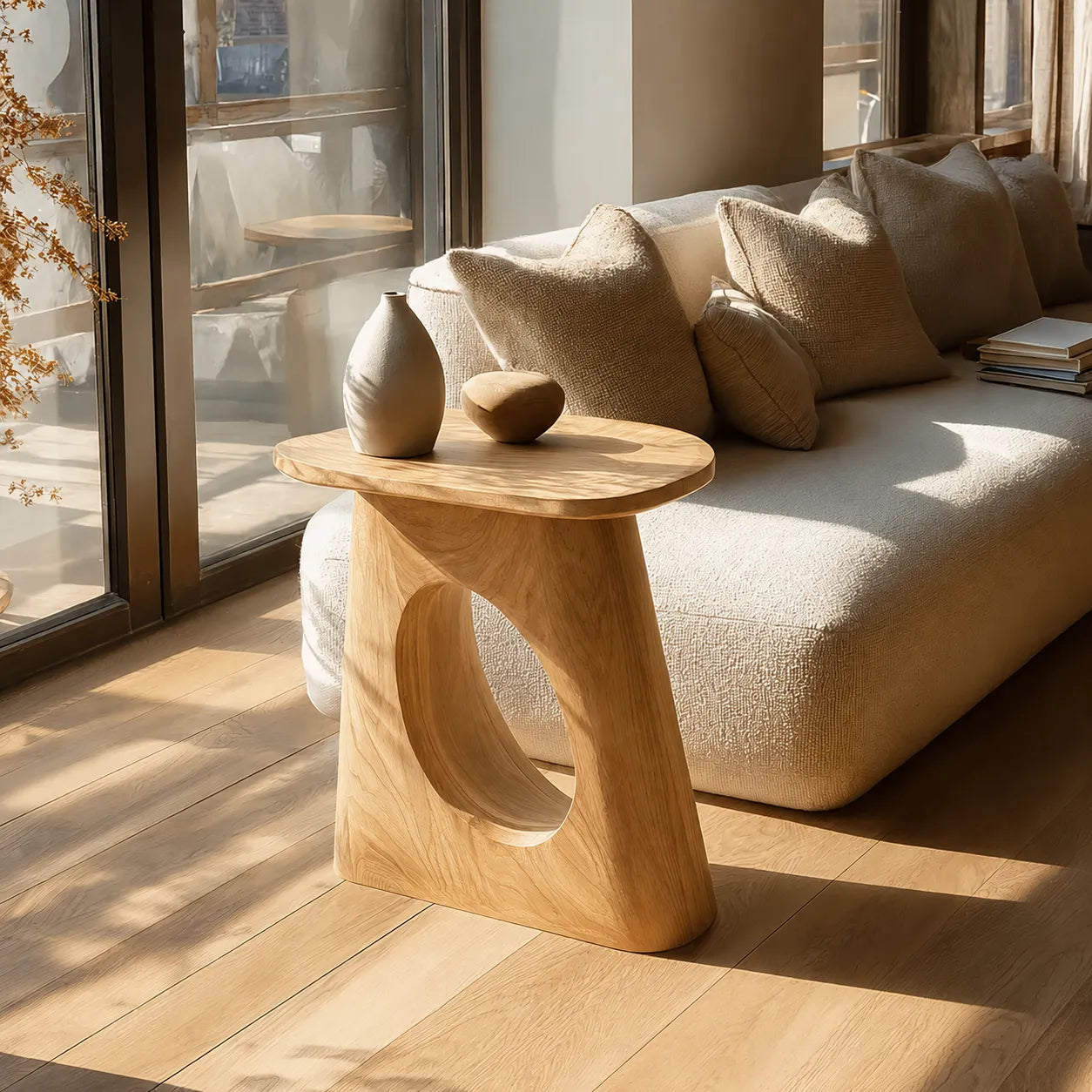Natural Solid Wood Side Table with Sculptural Open Pedestal Base